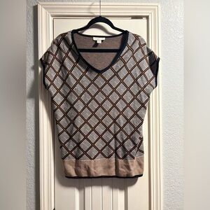 Coldwater Creek Silk Blend Geometric Sweater Top Small Brown Black V Neck